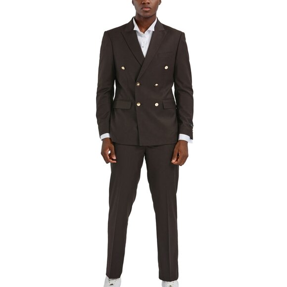 Brown Double Breasted Peak Lapel Skinny Fit Tazzio Men's Suit